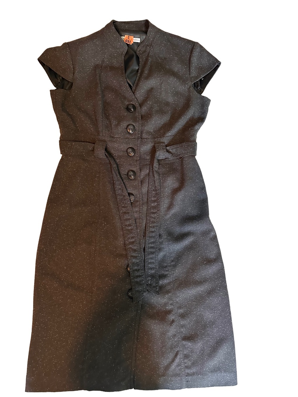 Sandra Darren Black Sparkle Button-Front Midi Dress with Self Tie Belt